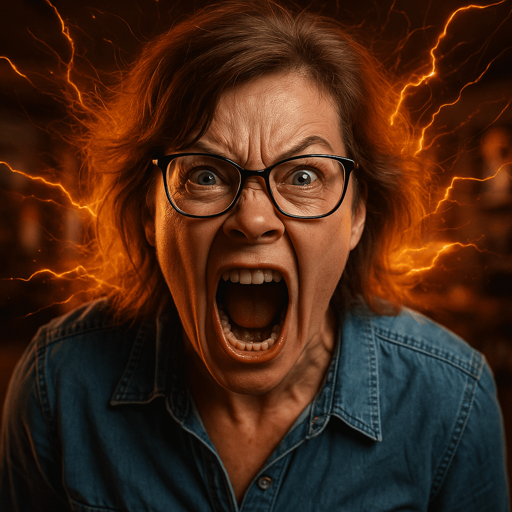 Midlife woman shouting with energy sparks bursting around her head, wearing glasses and a denim jacket, radiating fierce emotion and strength.