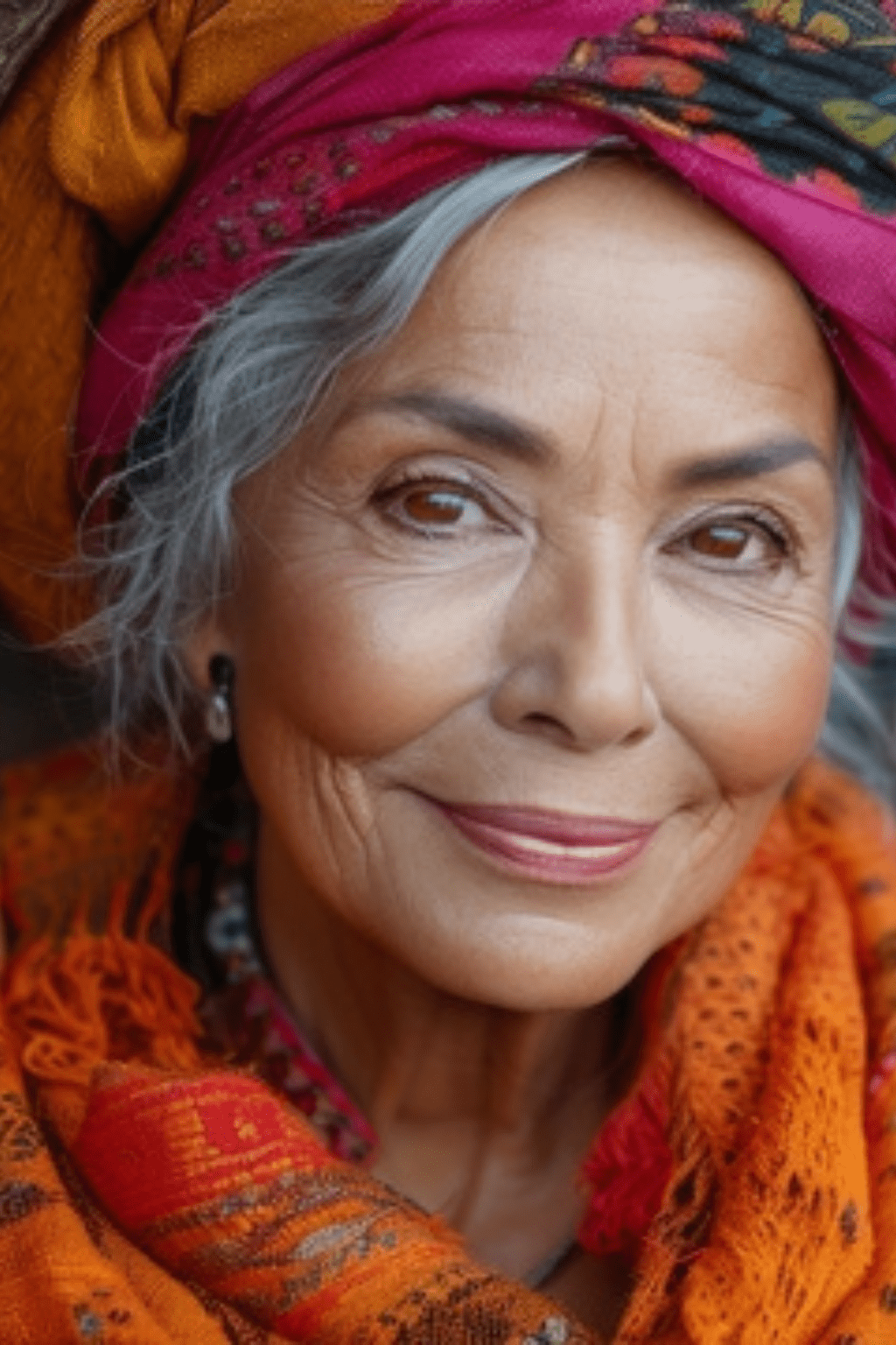 Older woman with white hair and scarf