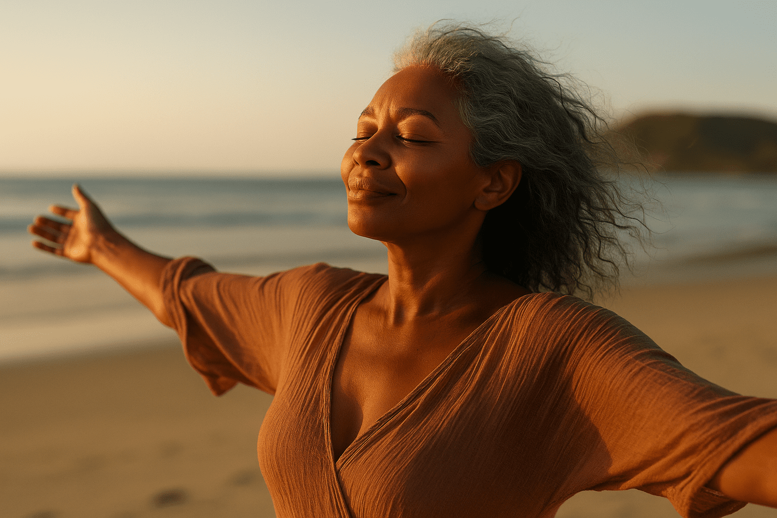 Confident Woman Walking on the Beach – Embracing Live After Depleted Menopause Sex Drive