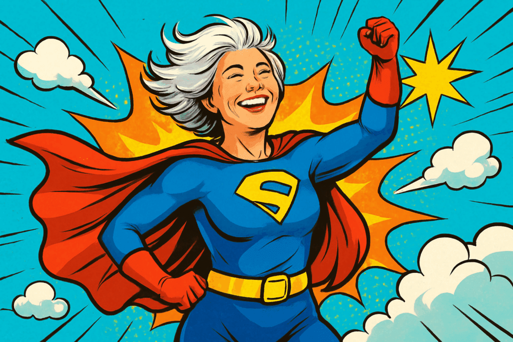 Illustration of a silver-haired midlife woman in a superhero costume standing confidently with a colorful, fun comic-style background.