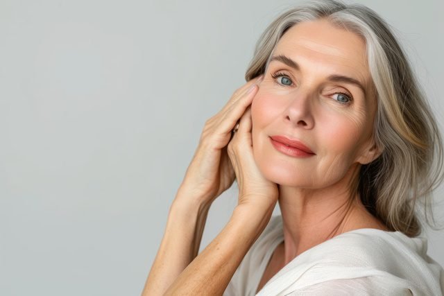 Beautiful mature woman in her 50s, isolated on white background. skin care cosmetics concept