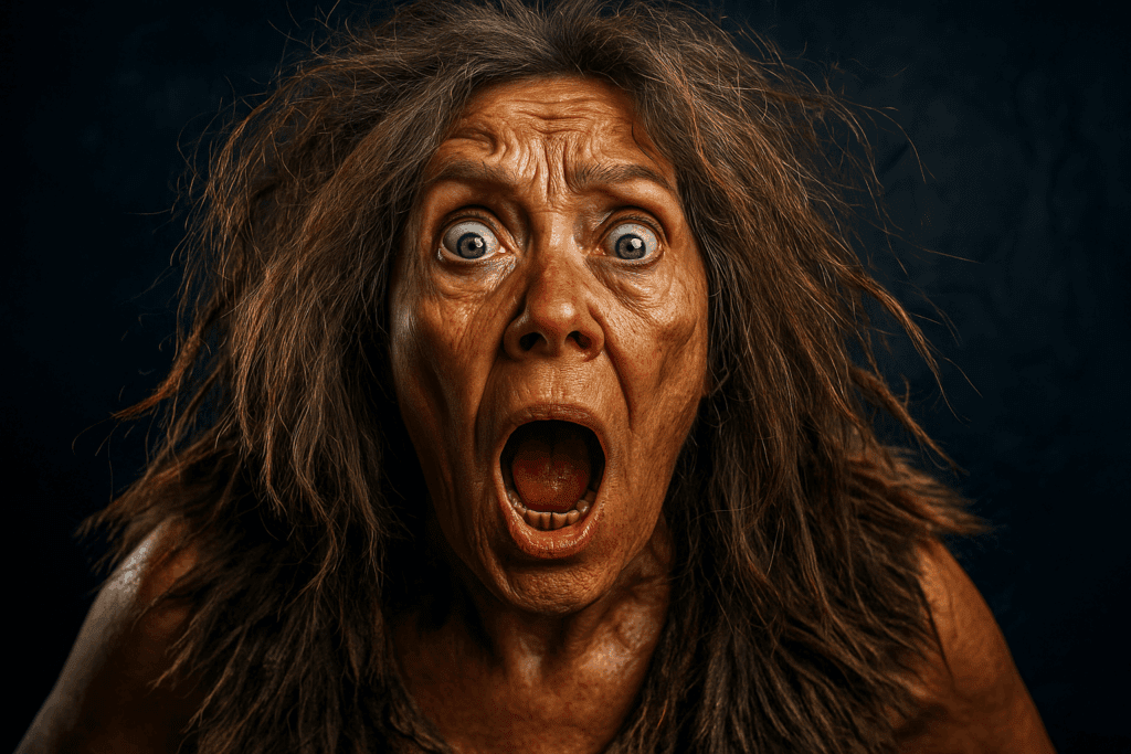Close-up of a midlife woman styled as a cavewoman, shouting with wild hair and intense expression, resembling a humorous prehistoric mood swing. menopause is disruptive.