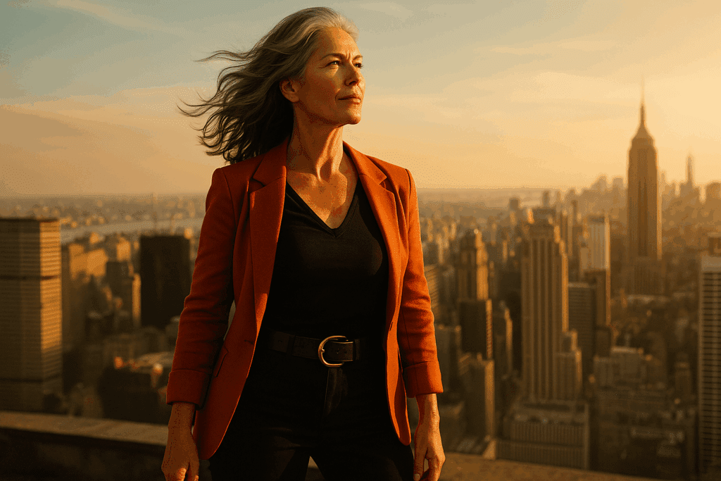 Confident middle-aged woman with silver hair standing on a rooftop overlooking a city skyline at sunset, symbolizing strength and empowerment during midlife.
