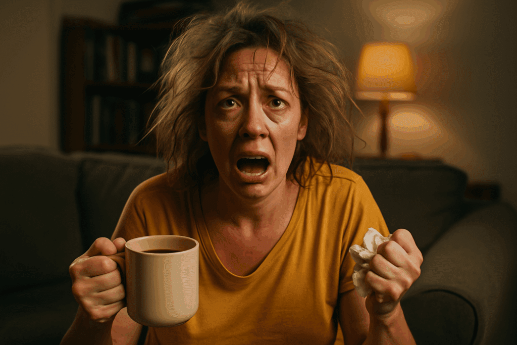 Frazzled midlife woman on couch with messy hair and overwhelmed expression, representing a “hot mess” moment during menopause or midlife burnout