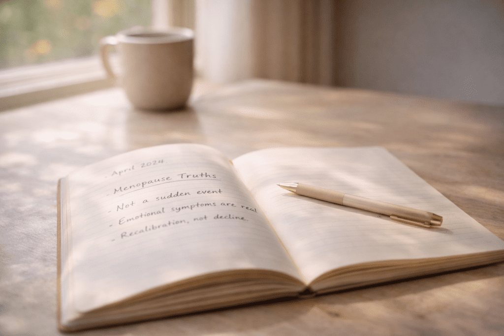 An open notebook in natural light with handwritten notes about menopause truths and misconceptions.