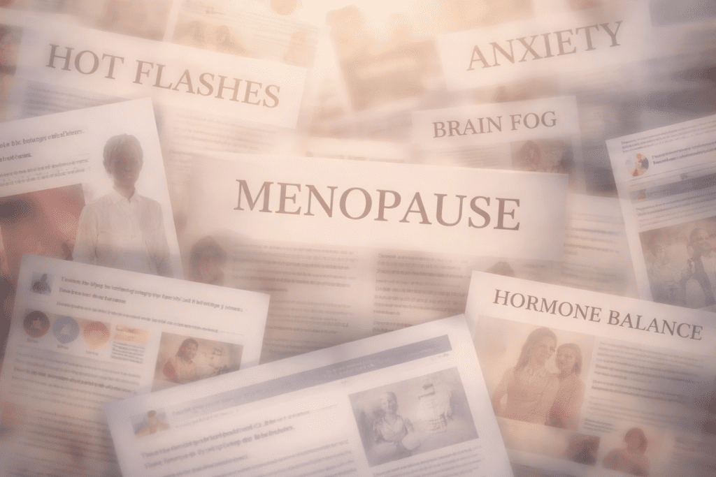 Overlapping and blurred headlines about menopause and health advice, illustrating widespread misinformation and confusion.