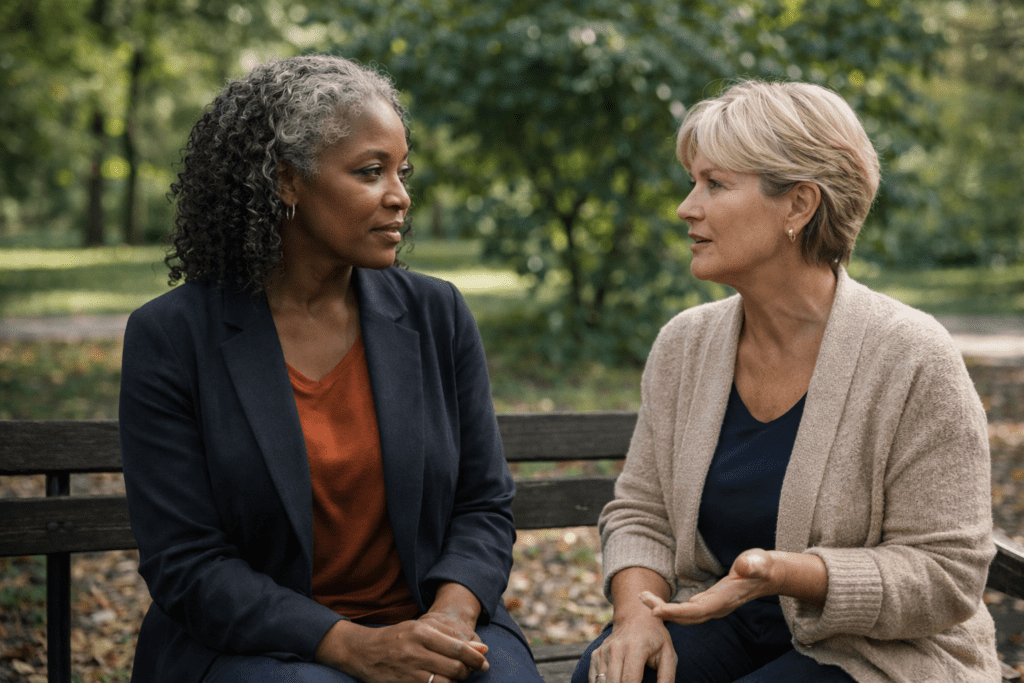 Two diverse women in their 50s sitting on a park bench having a calm, supportive conversation