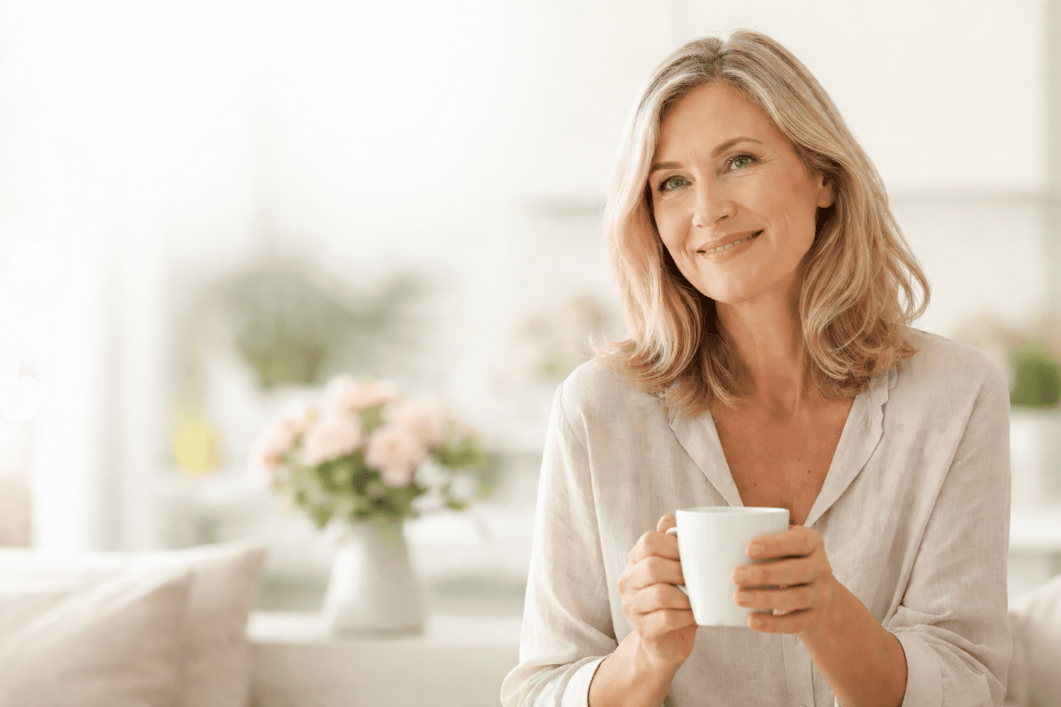 Lady with cup in hand contemplating menopause