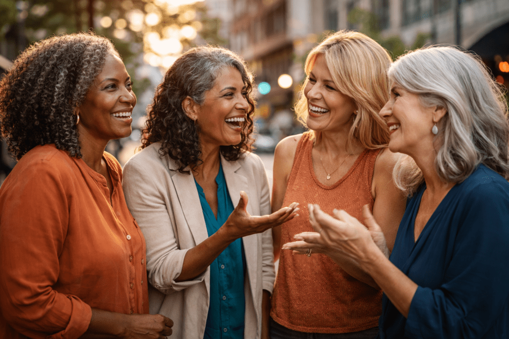 Four diverse midlife women standing together outdoors in conversation and laughter, expressing connection, recognition, and shared presence.