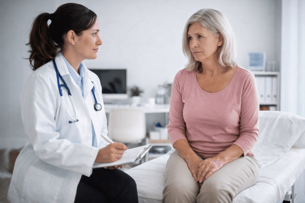 Mature woman sitting on an examination couch speaking with a female doctor during a medical consultation