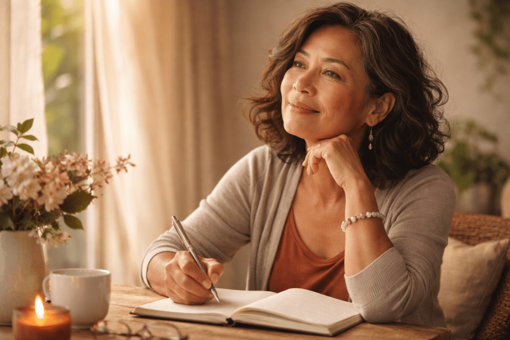 Asian woman in her 50s journaling at a table in a peaceful, softly lit home setting, practicing emotional grounding during menopause
