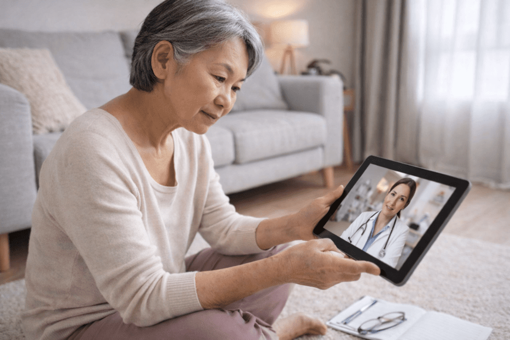 Senior Asian woman sitting on the floor using a tablet during an online medical consultation with a doctor