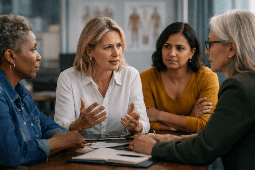 Four diverse midlife women in a serious discussion in a medical workplace setting, discussing why menopause is still dismissed.