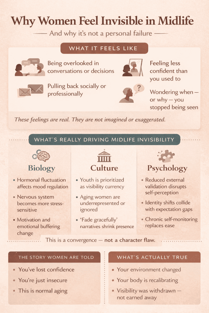 Educational infographic explaining why women often feel invisible in midlife, showing biological, cultural, and psychological factors without self-blame.
